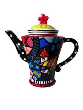 2009 Romero Britto Ceramic Tea Pot Deco, Pop Art Home And Landscape Vibrant 36Oz